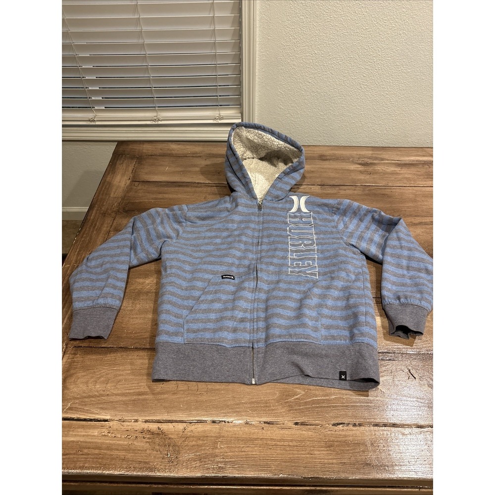 Hurley Hoodie Youth 10/12 Blue Stripe Cotton Sherpa Lined Pocket Full‎ Zip